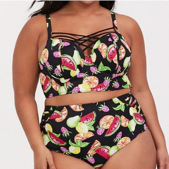 torrid Other - TORRID BLACK & MULTI FRUIT LATTICE PUSH-UP BALCONETTE BIKINI TOP 2X